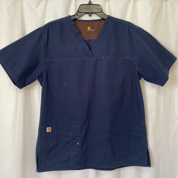 Carhartt Navy Blue V Neck Pocket Ripstop Yoke Scrub Top Size Small - Picture 2 of 9